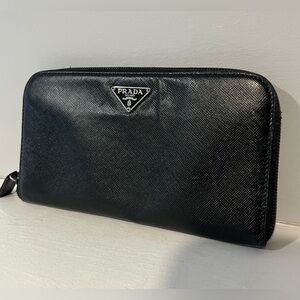Prada Saffiano Zip Around Wallet Black Silver Wallet